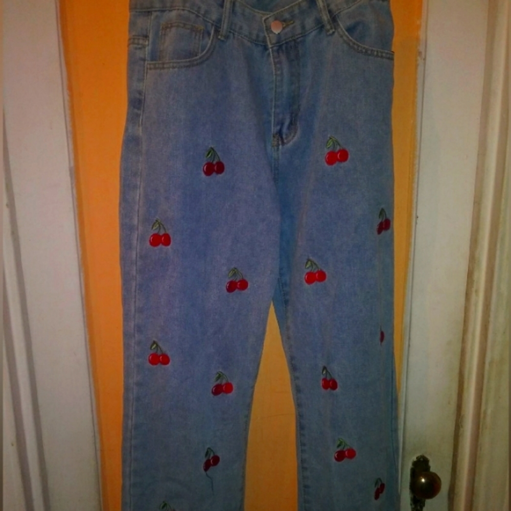 ROMWE Light Blue Straight Leg Jeans with Cherry Embroidery
